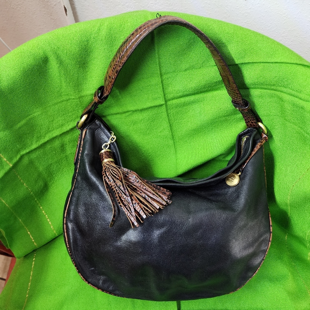BRAHMIN Brown Black Croc Embossed Leather Shoulder Bag 90s